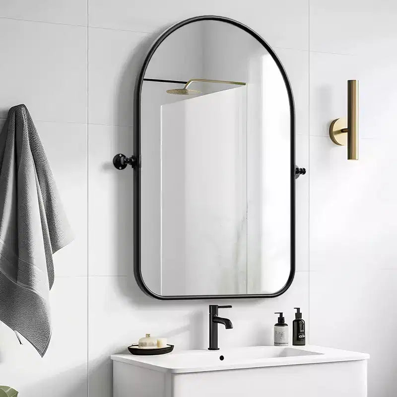 32 x 23 Inch Black Arch Rotatable Hardware Iron Art Frame Wall Mirror Bathroom Mirror