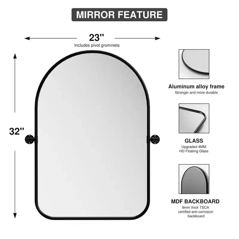 32 x 23 Inch Black Arch Rotatable Hardware Iron Art Frame Wall Mirror Bathroom Mirror