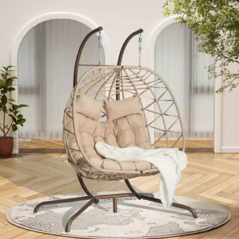 Indoor-Outdoor Double Egg Chair with Stand: UV-Resistant Wicker Rattan Swing Hammock for Patio, Bedroom, Balcony - Supports 600 lbs