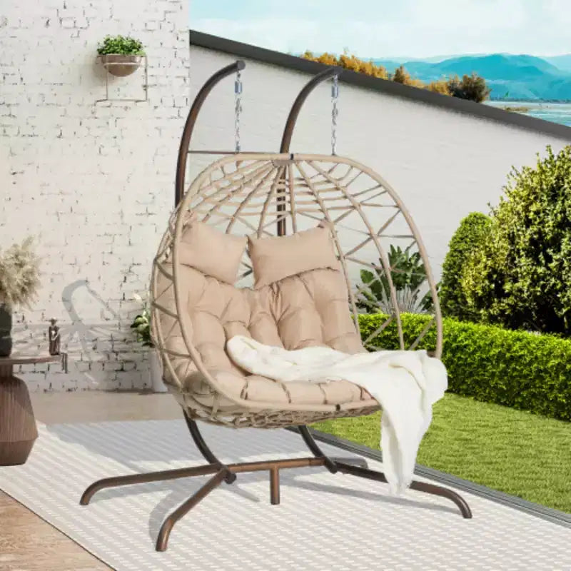 Indoor-Outdoor Double Egg Chair with Stand: UV-Resistant Wicker Rattan Swing Hammock for Patio, Bedroom, Balcony - Supports 600 lbs