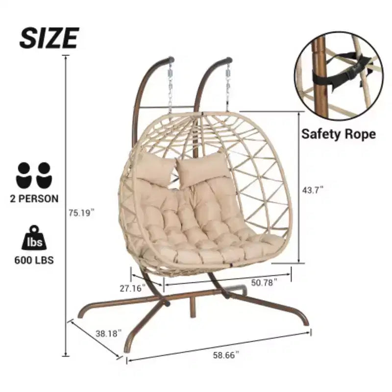 Indoor-Outdoor Double Egg Chair with Stand: UV-Resistant Wicker Rattan Swing Hammock for Patio, Bedroom, Balcony - Supports 600 lbs