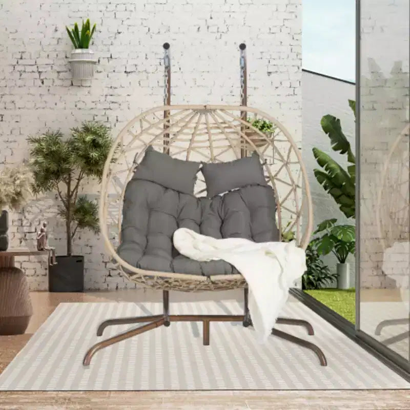 Indoor-Outdoor Double Egg Chair with Stand: UV-Resistant Wicker Rattan Swing Hammock for Patio, Bedroom, Balcony - Supports 600 lbs