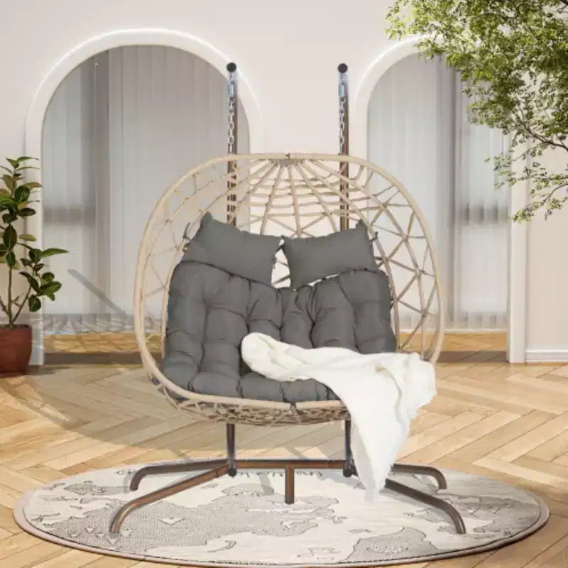 Indoor-Outdoor Double Egg Chair with Stand: UV-Resistant Wicker Rattan Swing Hammock for Patio, Bedroom, Balcony - Supports 600 lbs