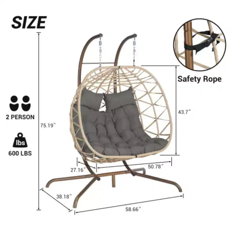 Indoor-Outdoor Double Egg Chair with Stand: UV-Resistant Wicker Rattan Swing Hammock for Patio, Bedroom, Balcony - Supports 600 lbs