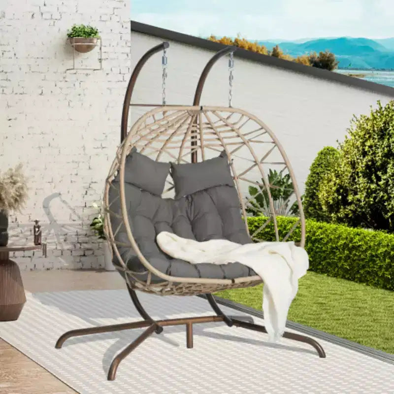 Indoor-Outdoor Double Egg Chair with Stand: UV-Resistant Wicker Rattan Swing Hammock for Patio, Bedroom, Balcony - Supports 600 lbs