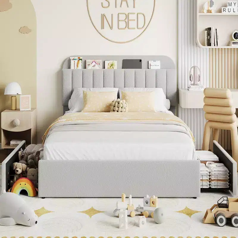 Twin/Twin XL/Full/Queen Bed Frame with Bookcase Headboard and 2 Drawers, Kids Bed Frame, Boucle Upholstered Platform Bed, Easy Assembly