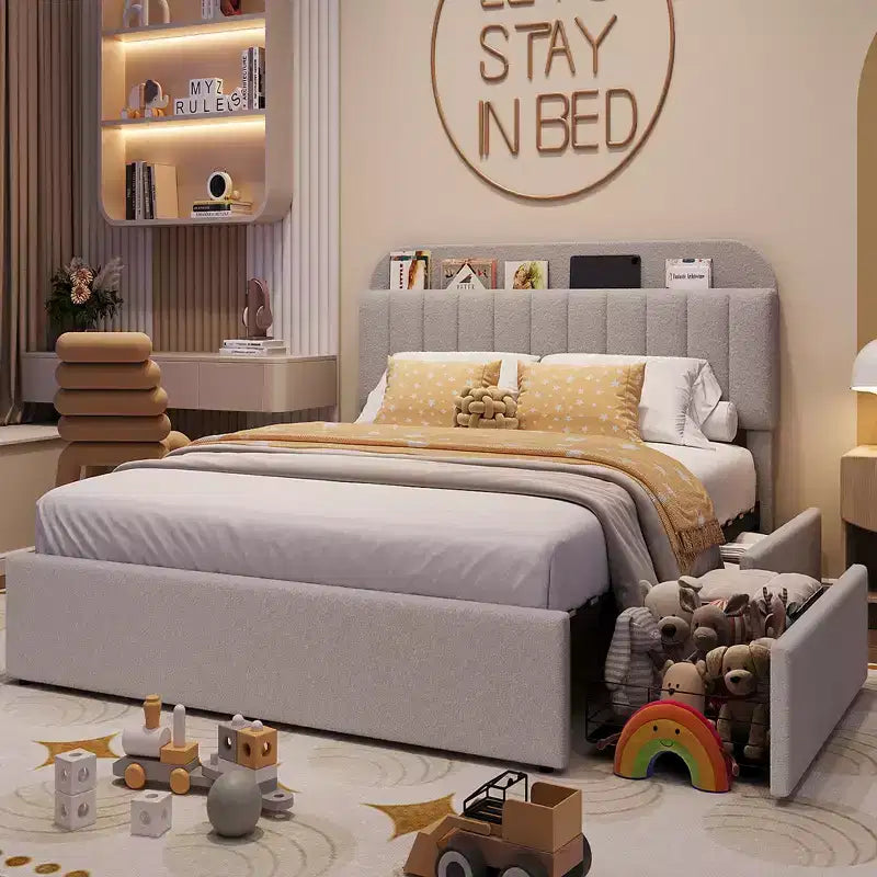 Twin/Twin XL/Full/Queen Bed Frame with Bookcase Headboard and 2 Drawers, Kids Bed Frame, Boucle Upholstered Platform Bed, Easy Assembly