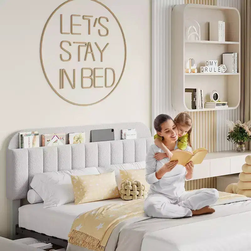 Twin/Twin XL/Full/Queen Bed Frame with Bookcase Headboard and 2 Drawers, Kids Bed Frame, Boucle Upholstered Platform Bed, Easy Assembly
