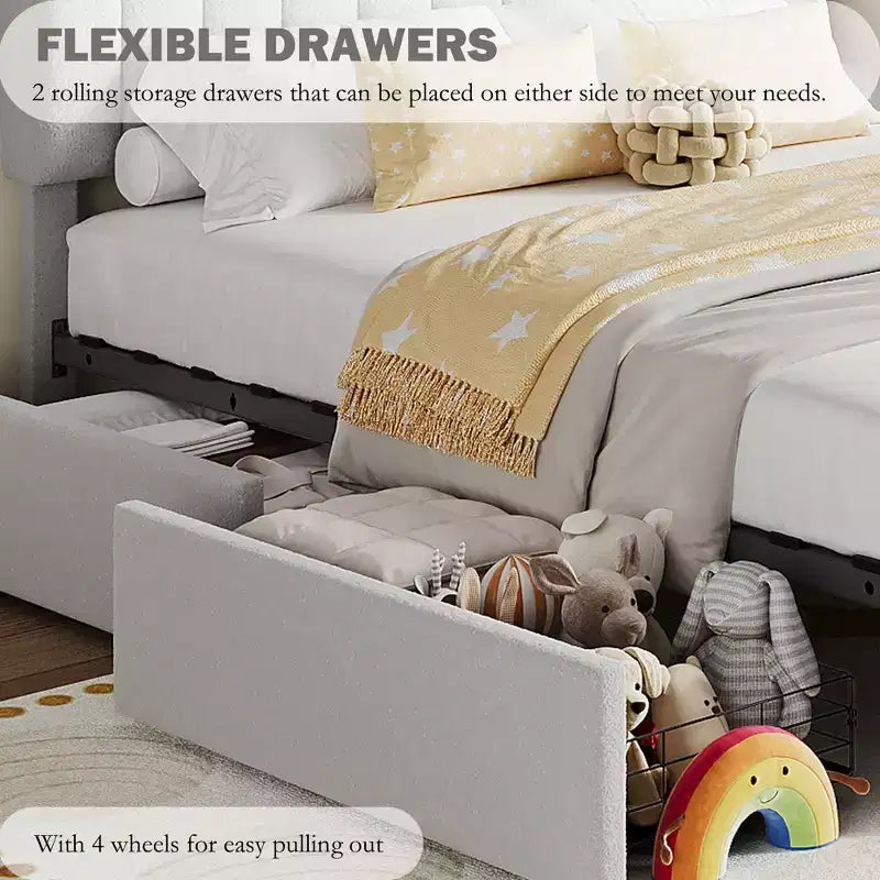 Twin/Twin XL/Full/Queen Bed Frame with Bookcase Headboard and 2 Drawers, Kids Bed Frame, Boucle Upholstered Platform Bed, Easy Assembly