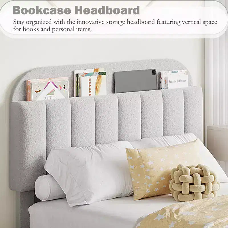 Twin/Twin XL/Full/Queen Bed Frame with Bookcase Headboard and 2 Drawers, Kids Bed Frame, Boucle Upholstered Platform Bed, Easy Assembly