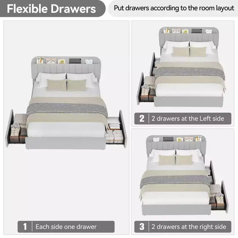 Twin/Twin XL/Full/Queen Bed Frame with Bookcase Headboard and 2 Drawers, Kids Bed Frame, Boucle Upholstered Platform Bed, Easy Assembly