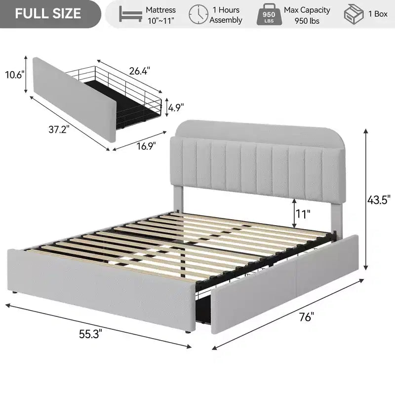 Twin/Twin XL/Full/Queen Bed Frame with Bookcase Headboard and 2 Drawers, Kids Bed Frame, Boucle Upholstered Platform Bed, Easy Assembly