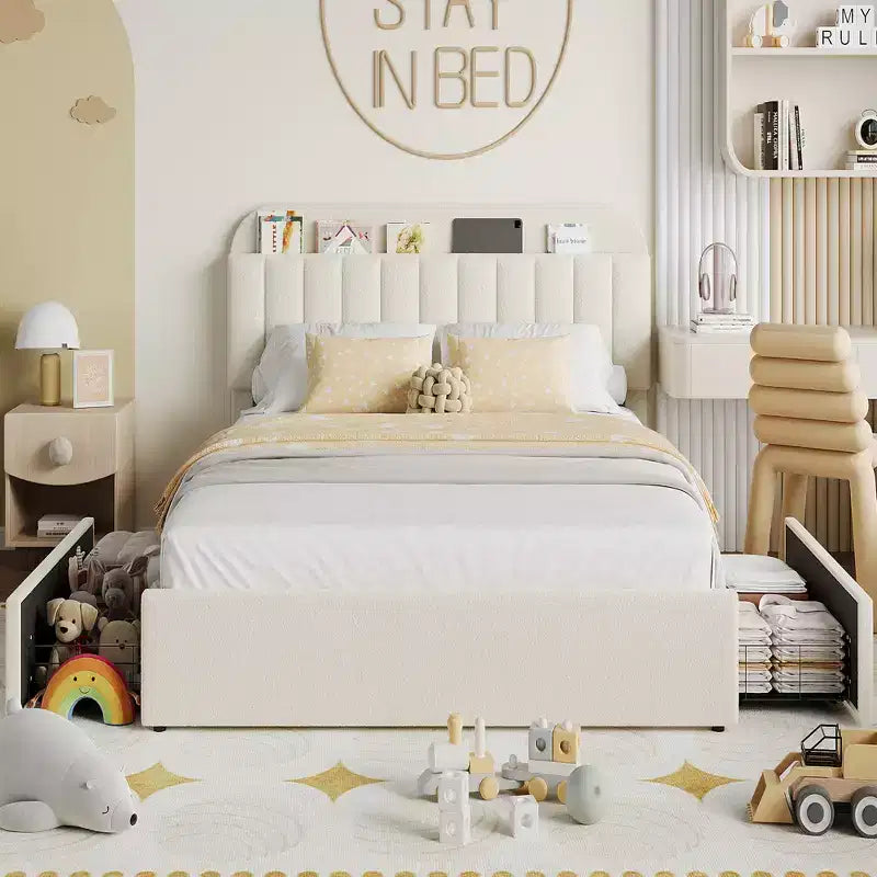 Twin/Twin XL/Full/Queen Bed Frame with Bookcase Headboard and 2 Drawers, Kids Bed Frame, Boucle Upholstered Platform Bed, Easy Assembly