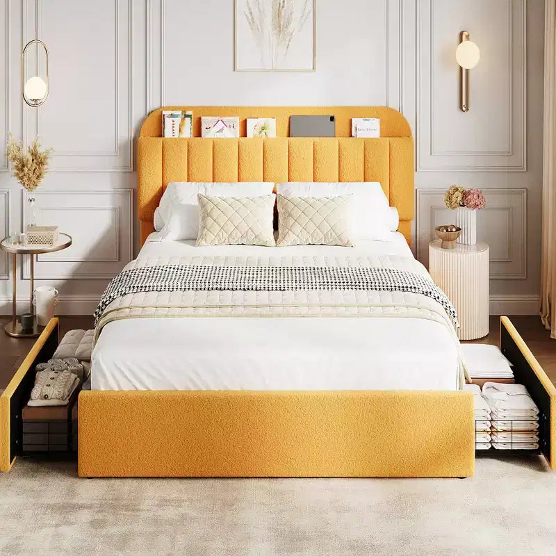 Twin/Twin XL/Full/Queen Bed Frame with Bookcase Headboard and 2 Drawers, Kids Bed Frame, Boucle Upholstered Platform Bed, Easy Assembly