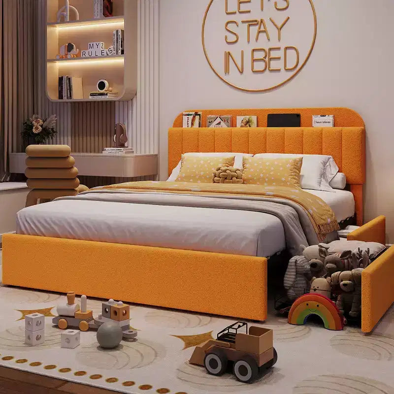 Twin/Twin XL/Full/Queen Bed Frame with Bookcase Headboard and 2 Drawers, Kids Bed Frame, Boucle Upholstered Platform Bed, Easy Assembly