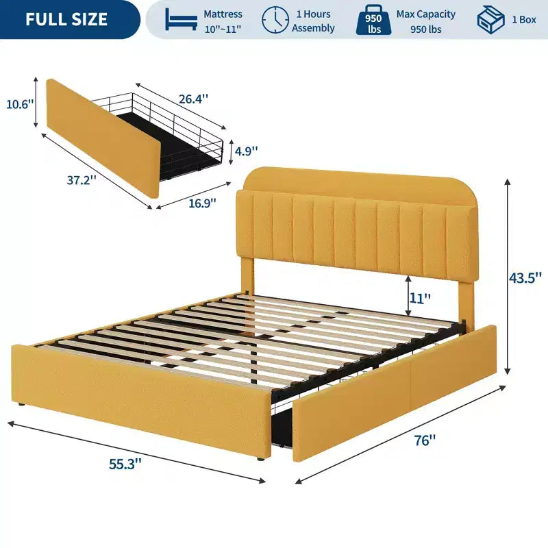 Twin/Twin XL/Full/Queen Bed Frame with Bookcase Headboard and 2 Drawers, Kids Bed Frame, Boucle Upholstered Platform Bed, Easy Assembly