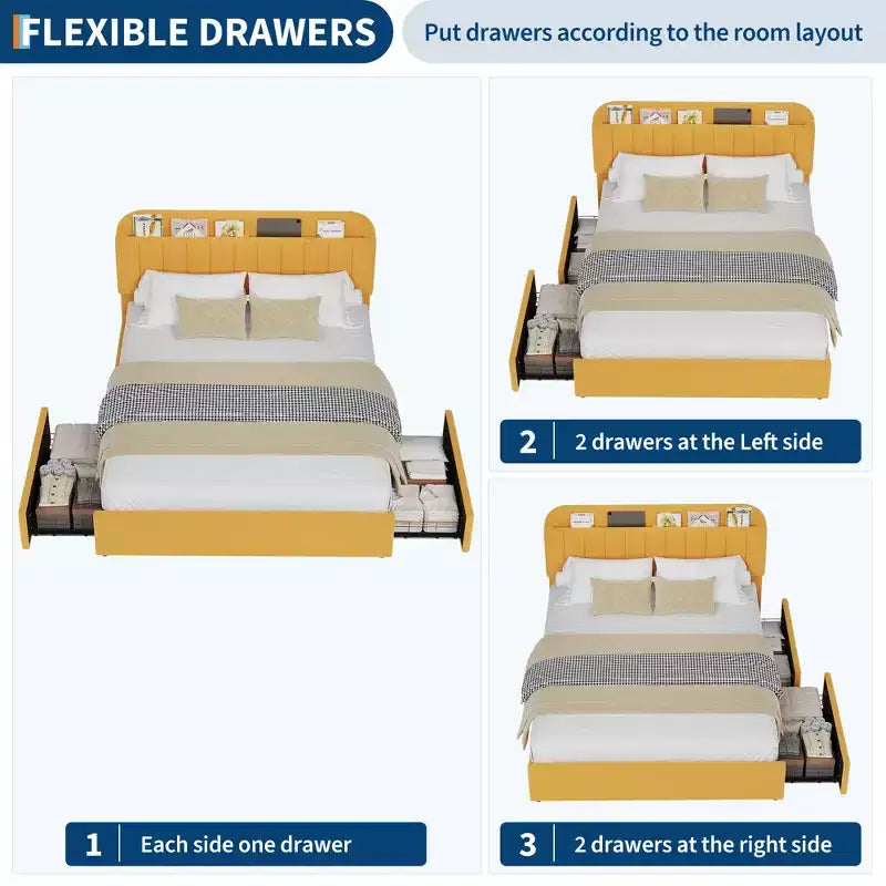 Twin/Twin XL/Full/Queen Bed Frame with Bookcase Headboard and 2 Drawers, Kids Bed Frame, Boucle Upholstered Platform Bed, Easy Assembly