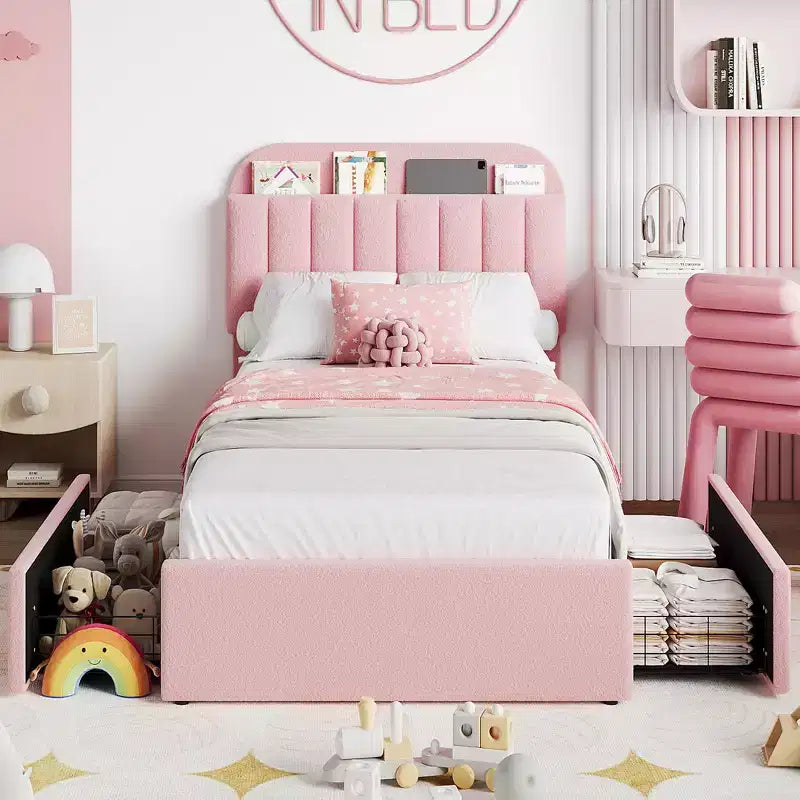 Twin/Twin XL/Full/Queen Bed Frame with Bookcase Headboard and 2 Drawers, Kids Bed Frame, Boucle Upholstered Platform Bed, Easy Assembly