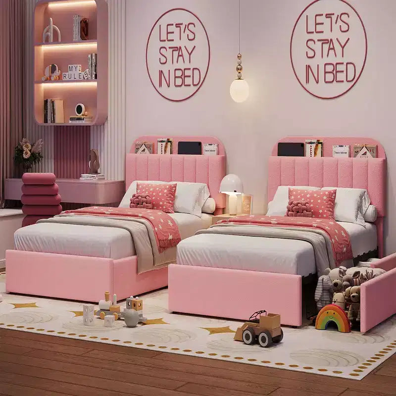 Twin/Twin XL/Full/Queen Bed Frame with Bookcase Headboard and 2 Drawers, Kids Bed Frame, Boucle Upholstered Platform Bed, Easy Assembly