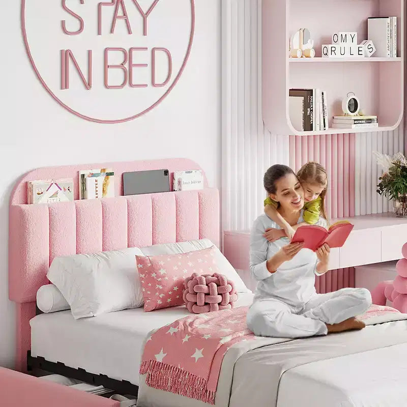 Twin/Twin XL/Full/Queen Bed Frame with Bookcase Headboard and 2 Drawers, Kids Bed Frame, Boucle Upholstered Platform Bed, Easy Assembly