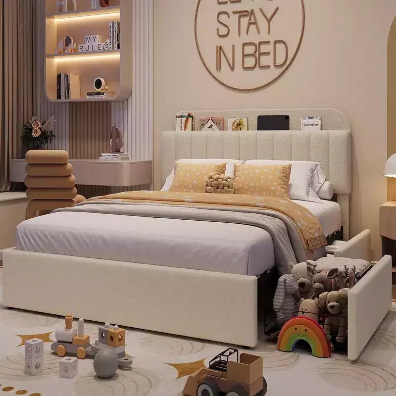 Twin/Twin XL/Full/Queen Bed Frame with Bookcase Headboard and 2 Drawers, Kids Bed Frame, Boucle Upholstered Platform Bed, Easy Assembly