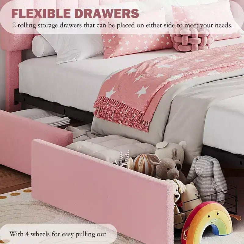 Twin/Twin XL/Full/Queen Bed Frame with Bookcase Headboard and 2 Drawers, Kids Bed Frame, Boucle Upholstered Platform Bed, Easy Assembly