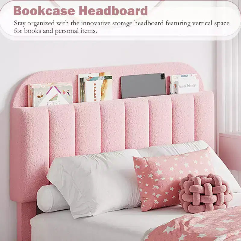 Twin/Twin XL/Full/Queen Bed Frame with Bookcase Headboard and 2 Drawers, Kids Bed Frame, Boucle Upholstered Platform Bed, Easy Assembly