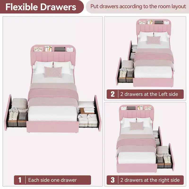 Twin/Twin XL/Full/Queen Bed Frame with Bookcase Headboard and 2 Drawers, Kids Bed Frame, Boucle Upholstered Platform Bed, Easy Assembly