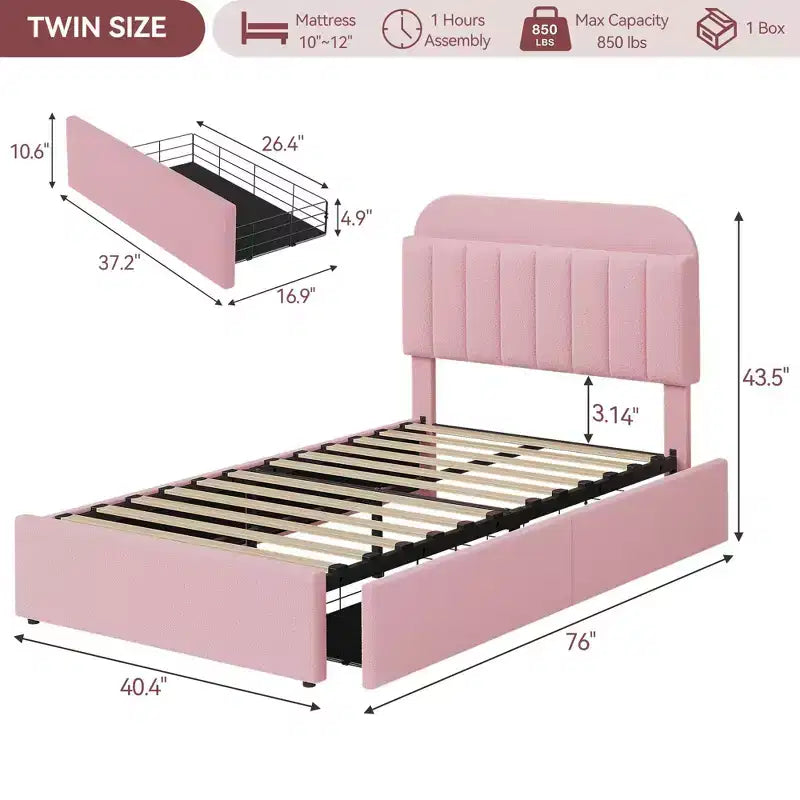 Twin/Twin XL/Full/Queen Bed Frame with Bookcase Headboard and 2 Drawers, Kids Bed Frame, Boucle Upholstered Platform Bed, Easy Assembly