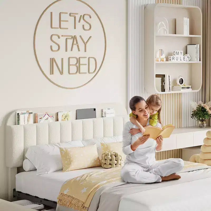 Twin/Twin XL/Full/Queen Bed Frame with Bookcase Headboard and 2 Drawers, Kids Bed Frame, Boucle Upholstered Platform Bed, Easy Assembly