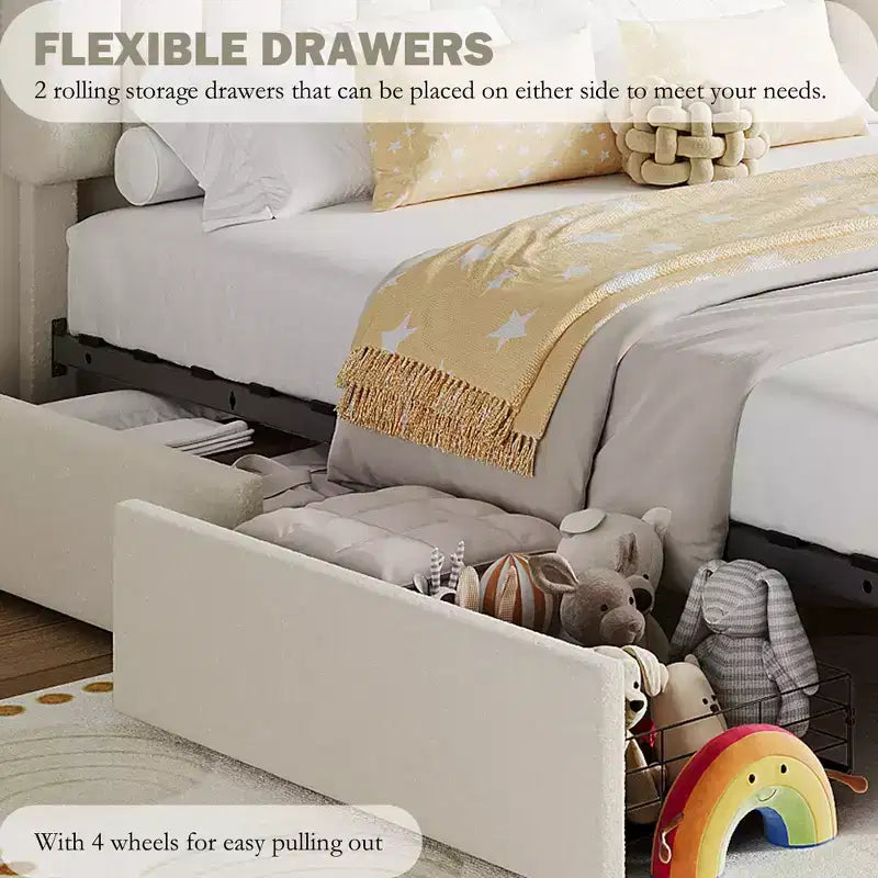 Twin/Twin XL/Full/Queen Bed Frame with Bookcase Headboard and 2 Drawers, Kids Bed Frame, Boucle Upholstered Platform Bed, Easy Assembly