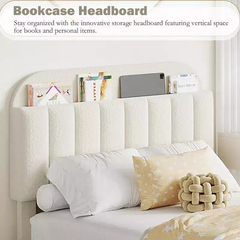 Twin/Twin XL/Full/Queen Bed Frame with Bookcase Headboard and 2 Drawers, Kids Bed Frame, Boucle Upholstered Platform Bed, Easy Assembly