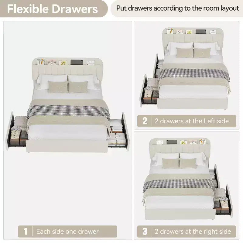 Twin/Twin XL/Full/Queen Bed Frame with Bookcase Headboard and 2 Drawers, Kids Bed Frame, Boucle Upholstered Platform Bed, Easy Assembly
