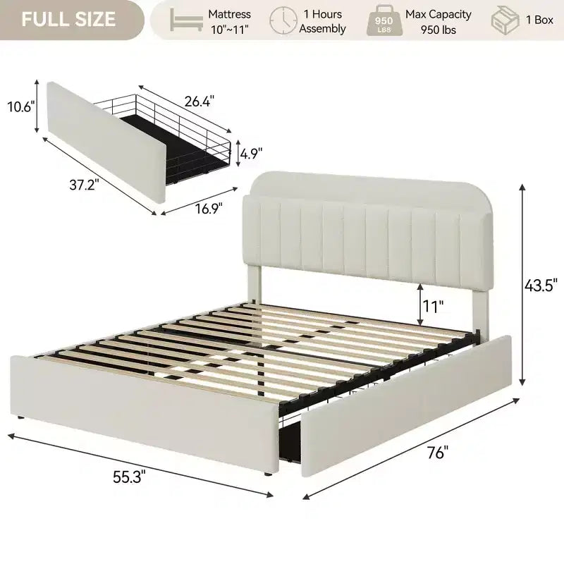 Twin/Twin XL/Full/Queen Bed Frame with Bookcase Headboard and 2 Drawers, Kids Bed Frame, Boucle Upholstered Platform Bed, Easy Assembly