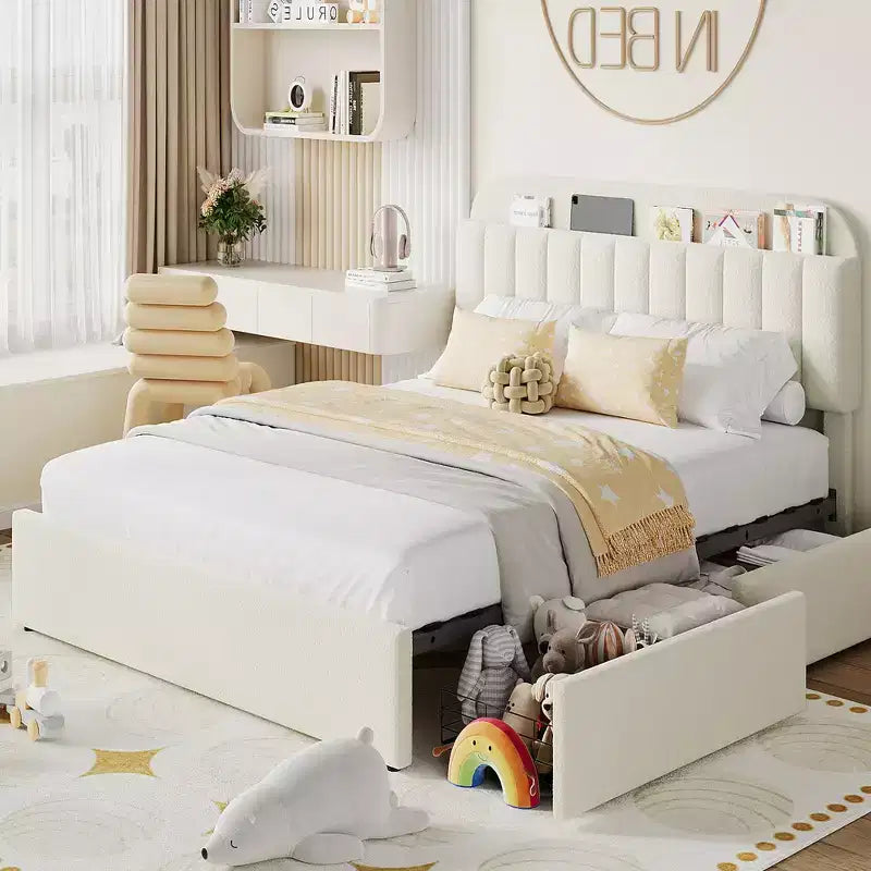 Twin/Twin XL/Full/Queen Bed Frame with Bookcase Headboard and 2 Drawers, Kids Bed Frame, Boucle Upholstered Platform Bed, Easy Assembly