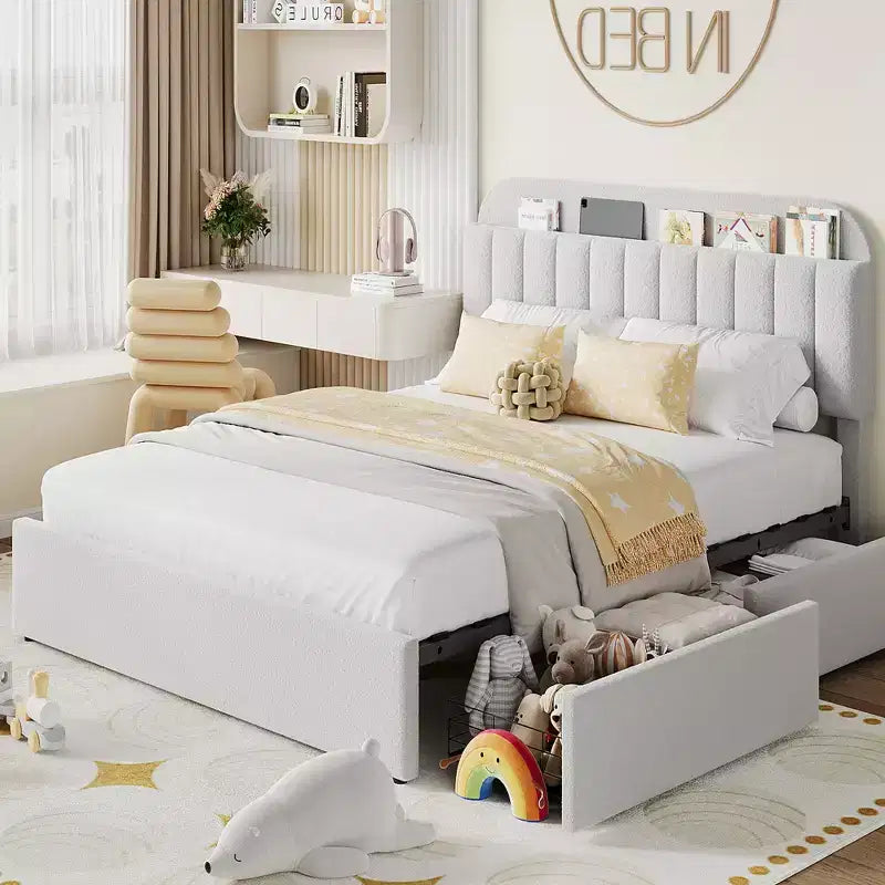 Twin/Twin XL/Full/Queen Bed Frame with Bookcase Headboard and 2 Drawers, Kids Bed Frame, Boucle Upholstered Platform Bed, Easy Assembly