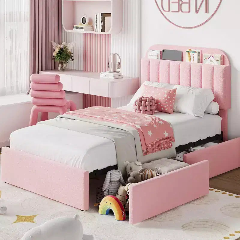 Twin/Twin XL/Full/Queen Bed Frame with Bookcase Headboard and 2 Drawers, Kids Bed Frame, Boucle Upholstered Platform Bed, Easy Assembly