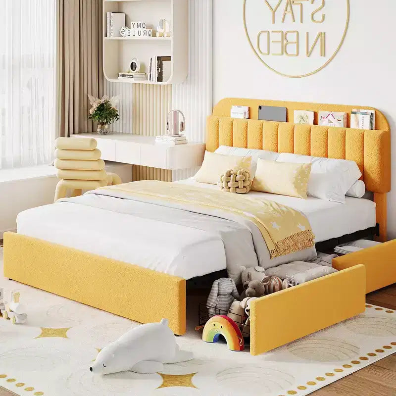 Twin/Twin XL/Full/Queen Bed Frame with Bookcase Headboard and 2 Drawers, Kids Bed Frame, Boucle Upholstered Platform Bed, Easy Assembly
