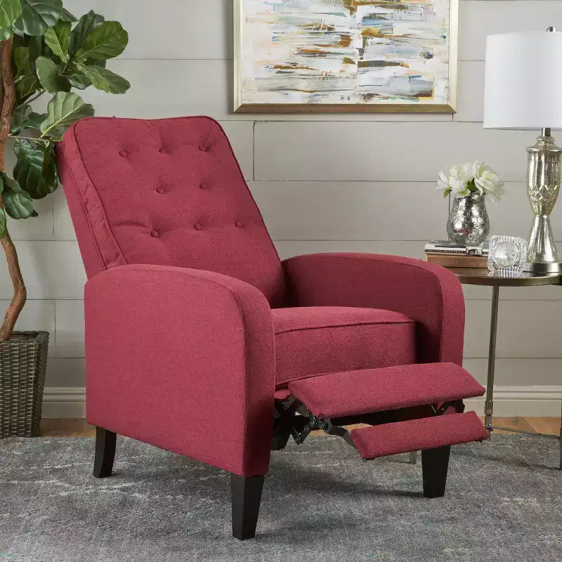 GDFStudio Nissa Contemporary Fabric Tufted Pushback Recliner, Red/Dark Brown