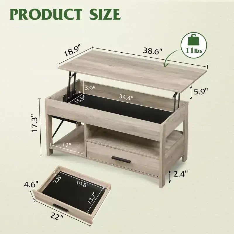 DEXYLLO Coffee Table 39 Lift Top Coffee Table with Hidden Compartment, Storage Drawers and Storage Shelf for Living Room, Reception Room