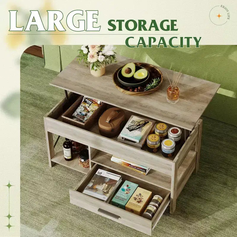 DEXYLLO Coffee Table 39 Lift Top Coffee Table with Hidden Compartment, Storage Drawers and Storage Shelf for Living Room, Reception Room