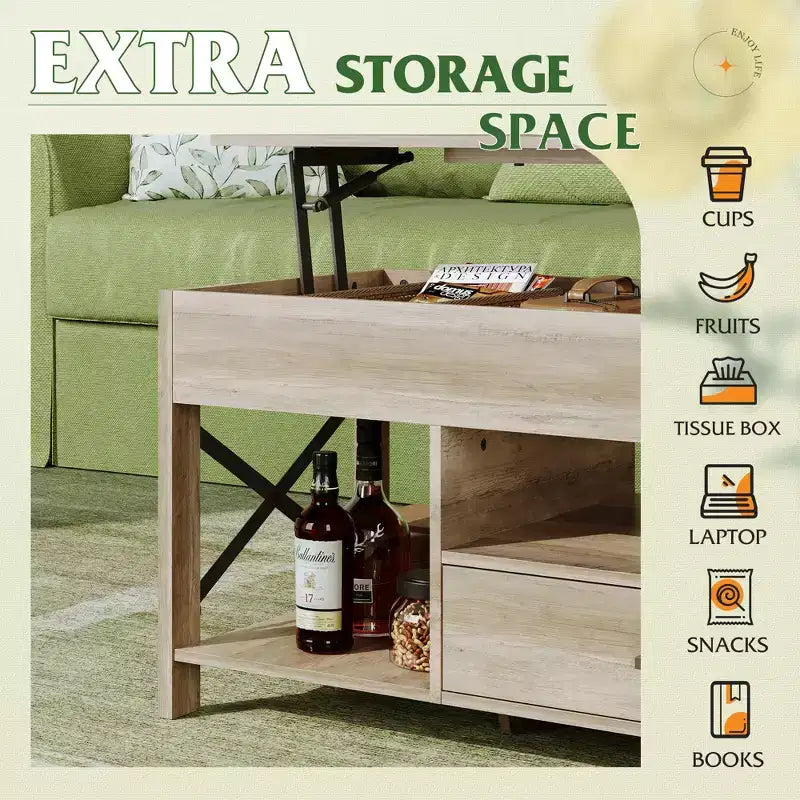 DEXYLLO Coffee Table 39 Lift Top Coffee Table with Hidden Compartment, Storage Drawers and Storage Shelf for Living Room, Reception Room