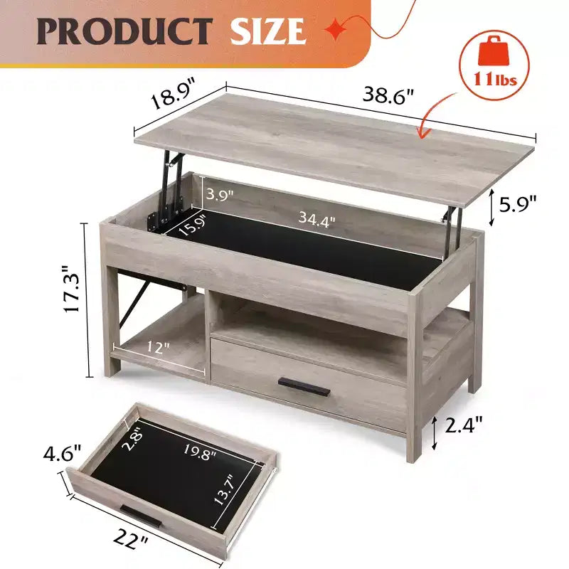 DEXYLLO Coffee Table 39 Lift Top Coffee Table with Hidden Compartment, Storage Drawers and Storage Shelf for Living Room, Reception Room