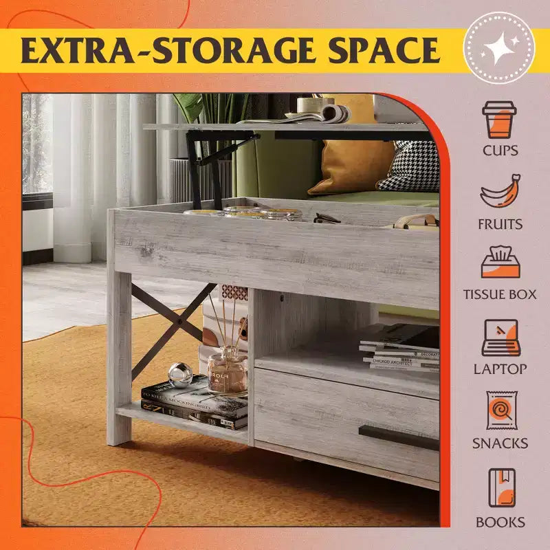 DEXYLLO Coffee Table 39 Lift Top Coffee Table with Hidden Compartment, Storage Drawers and Storage Shelf for Living Room, Reception Room