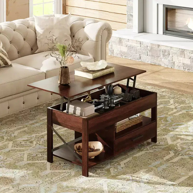 DEXYLLO Coffee Table 39 Lift Top Coffee Table with Hidden Compartment, Storage Drawers and Storage Shelf for Living Room, Reception Room