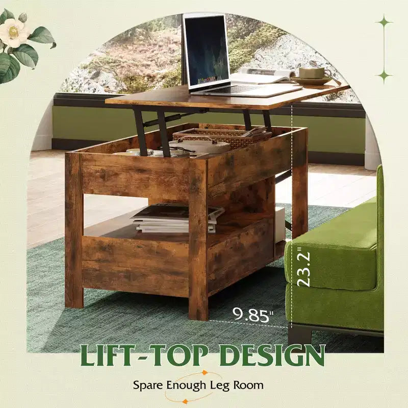 DEXYLLO Coffee Table 39 Lift Top Coffee Table with Hidden Compartment, Storage Drawers and Storage Shelf for Living Room, Reception Room