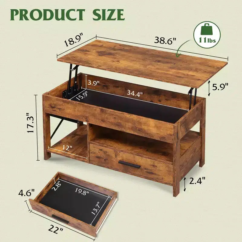 DEXYLLO Coffee Table 39 Lift Top Coffee Table with Hidden Compartment, Storage Drawers and Storage Shelf for Living Room, Reception Room