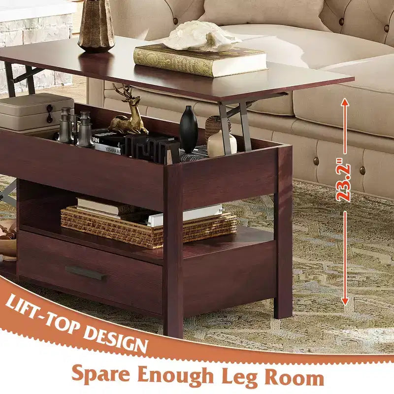DEXYLLO Coffee Table 39 Lift Top Coffee Table with Hidden Compartment, Storage Drawers and Storage Shelf for Living Room, Reception Room