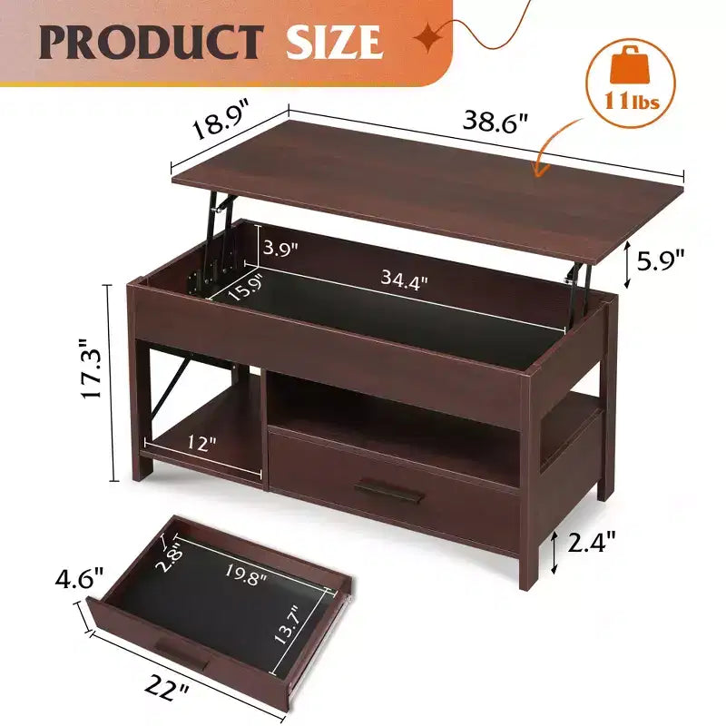 DEXYLLO Coffee Table 39 Lift Top Coffee Table with Hidden Compartment, Storage Drawers and Storage Shelf for Living Room, Reception Room
