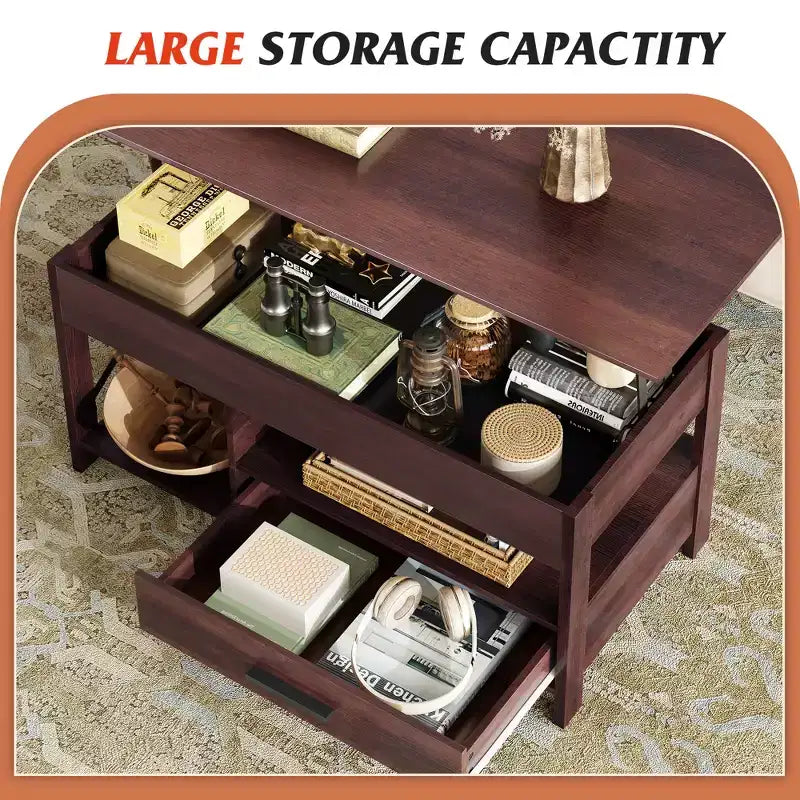 DEXYLLO Coffee Table 39 Lift Top Coffee Table with Hidden Compartment, Storage Drawers and Storage Shelf for Living Room, Reception Room